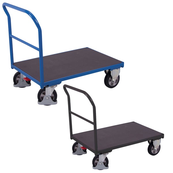 Plattformwagen mit Schiebebügel, vier Rollen mit Feststellbremsen und ebener Ladefläche in Blau und Anthrazit.