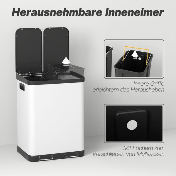 Treteimer mit zwei herausnehmbaren Inneneimern, Griffen zum Herausheben und Löchern zur Müllsackbefestigung.
