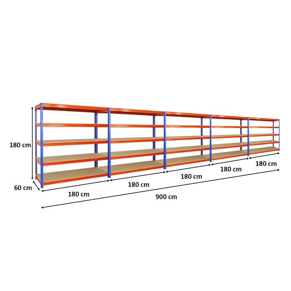 PROREGAL Mega Deal 5x Profi Schwerlastregal Bison HxBxT 200 x 200 x 60 cm 5 Fachböden Fachlast 600 kg Blau-Orange