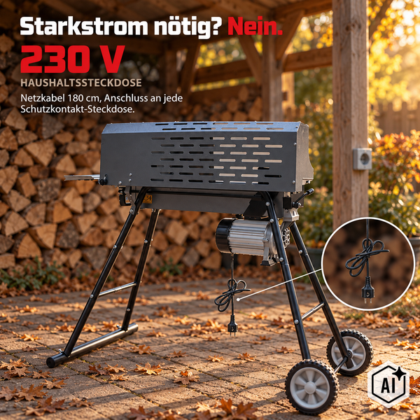 Elektrischer Grill mit 230 Volt Anschluss und 180 Zentimeter Netzkabel für den Außenbereich vor einem Holzstapel.