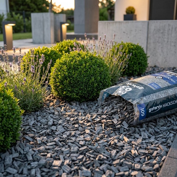 Garten mit Galanlo Holzhackschnitzeln in einem Sack auf einem Bett aus Hackschnitzeln zwischen Buchsbaumkugeln und Lavendel in einer Gartenanlage.