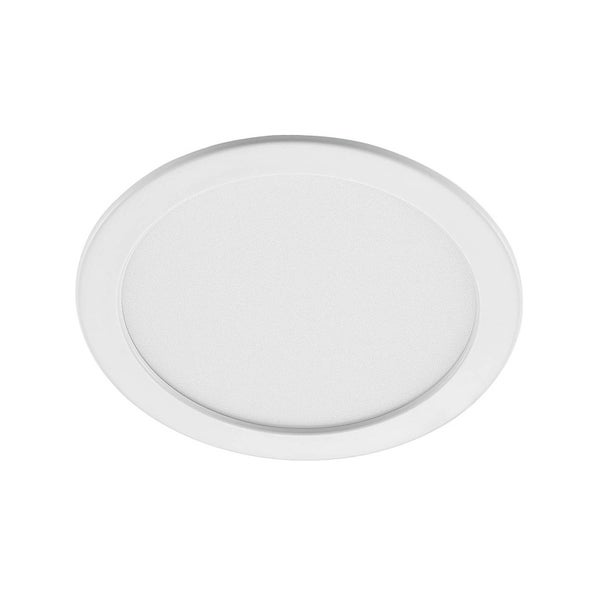 Rundes LED-Einbaupanel mit weißem Rahmen und matter Diffusorscheibe für Deckenmontage.