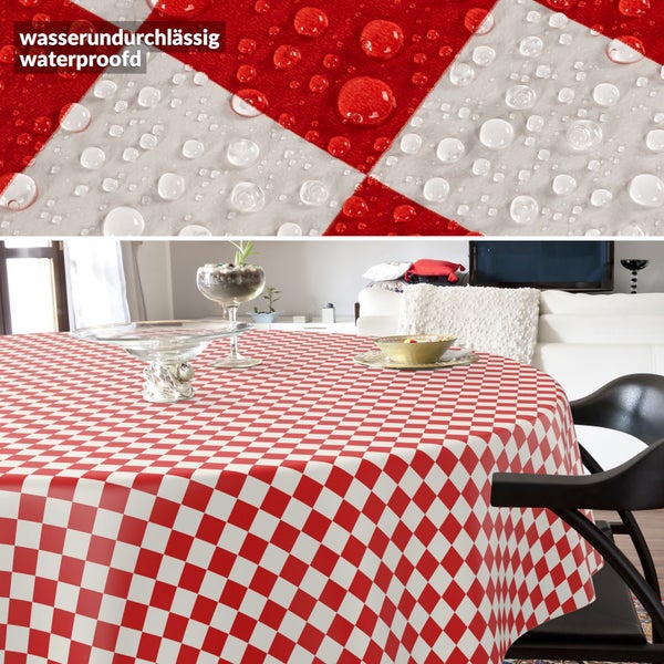 Runde Tischdecke mit rot-weißem Karomuster, wasserabweisende Oberfläche mit Wassertropfen in Detailansicht, Wohnzimmer-Ambiente.