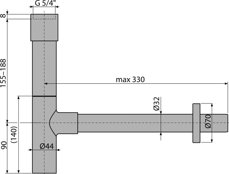 Technische Zeichnung eines Raumsparsiphons mit Maßen in Millimetern. Höhe 155 bis 188 Millimeter, Länge maximal 330 Millimeter. Anschluss G 5 zu 4 Zoll.