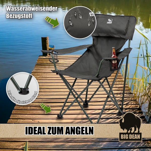 Klappbarer Angelstuhl mit wasserabweisendem Bezugstoff, Getränkehalter und Big Dean Logo.