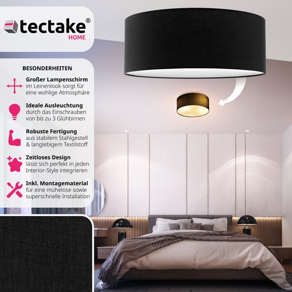 Schlafzimmer mit Textillampe und Tectake Home Logo