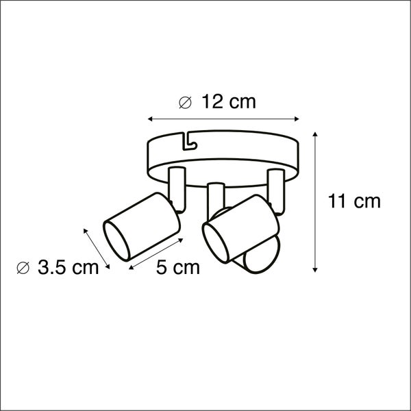 Technische Zeichnung einer Deckenleuchte mit drei Strahlern und Maßangaben