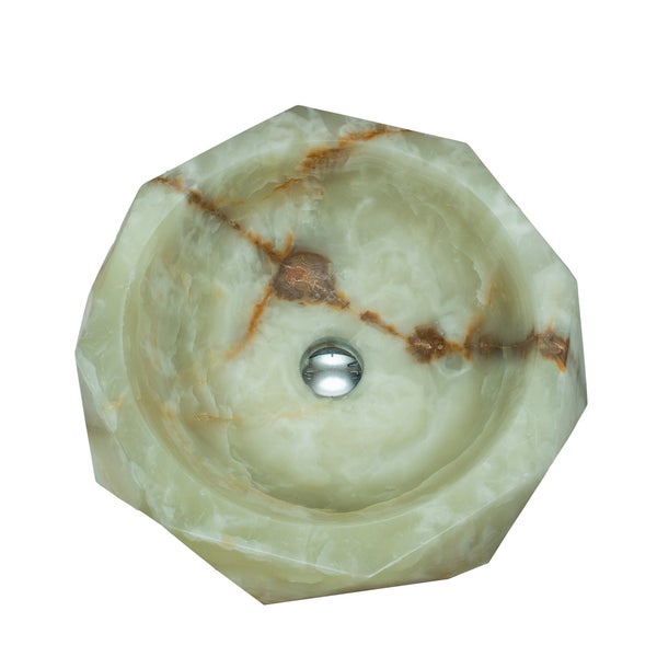 Aufsatzwaschbecken aus Onyx-Naturstein in polygonaler Form mit runder Innenmulde und Abfluss.