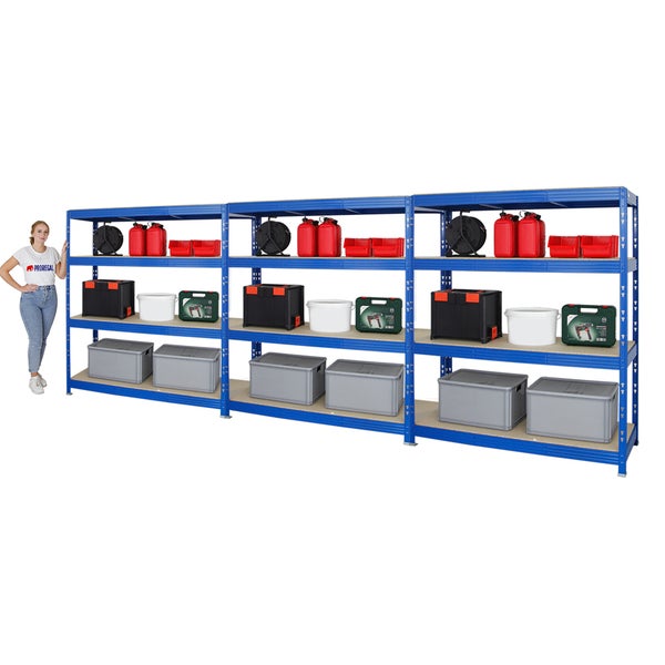 PROREGAL Mega Deal 3x Profi Schwerlastregal Rhino HxBxT 180 x 160 x 60 cm 4 Spanplatten-Ebenen 16mm Fachlast 500 kg Blau