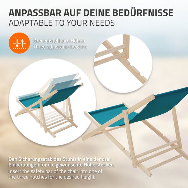 Hölzerner Liegestuhl mit blauem Stoff und drei einstellbaren Höhen durch einen Sicherungsstab und Einkerbungen.