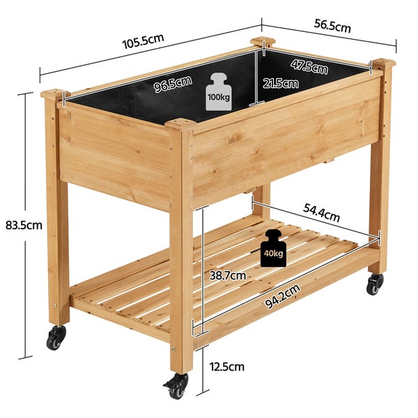 Hochbeet aus Holz mit Rollen und Ablagefläche, Maße sind dargestellt