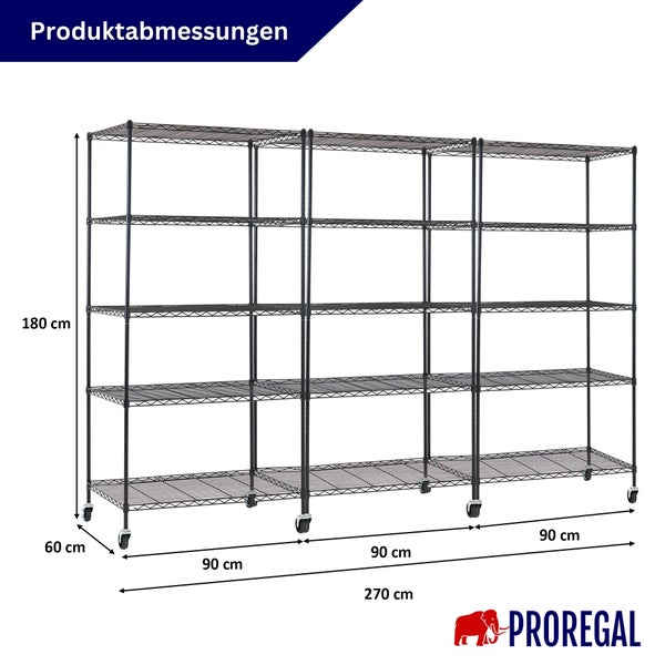 Produktabmessungen für ein Drahtregal auf Rollen: Höhe 180 Zentimeter, Breite 270 Zentimeter, Tiefe 60 Zentimeter. Proregal Logo.