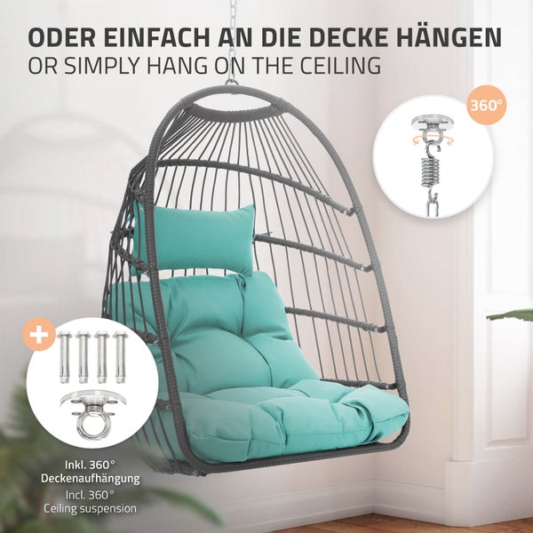 ECD Germany Hängesessel mit Gestell und Kissen + Deckenhalterung, Türkisgrün, Rattan-Optik, Stahl, höhenverstellbar & faltbar, Indoor/Outdoor, Hängestuhl Hängekorb Hängeschaukel Hängesitz, für Garten