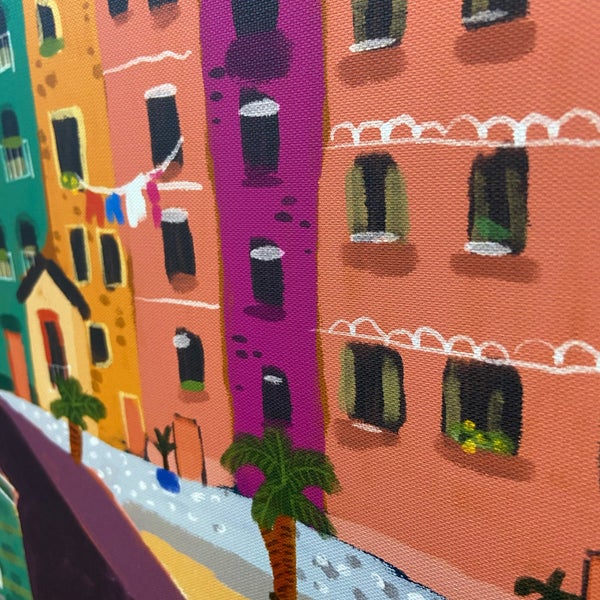 Illustration von Gebäuden mit Wäscheleine