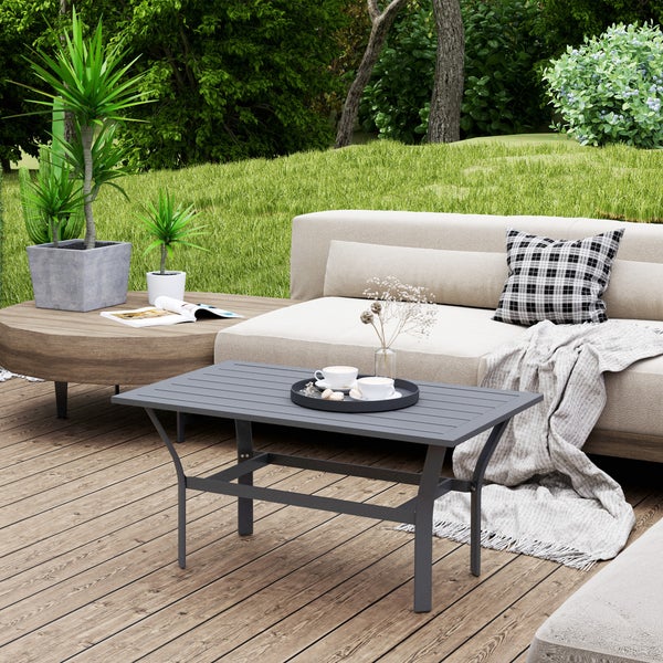 Outsunny Beistelltisch Metall Balkontisch mit Lamellendesign wetterfest Kaffeetisch Gartentisch pflegeleicht Sofatisch Outdoor Tisch für Balkon Garten Terrasse Veranda 91,5 x 55 x 45 cm Dunkelgrau