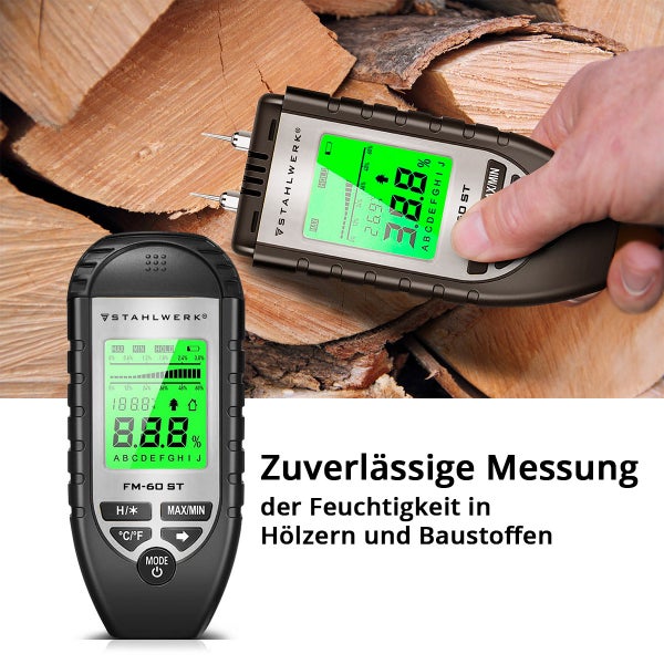 STAHLWERK Feuchtigkeitsmesser zur Messung des Feuchtigkeitsgehalts von Holz und Baumaterialien
