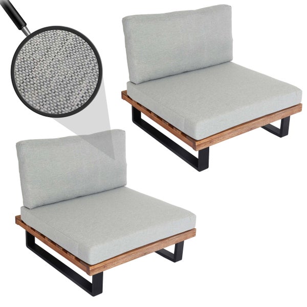 Zwei Lounge-Sessel für den Außenbereich mit grauen Polstern, Holzrahmen und schwarzen Metallbeinen sowie Detailansicht der Stoffstruktur.