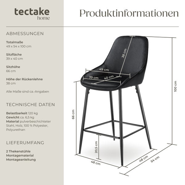 Thekenstuhl tectake Siera 49 x 54 x 100 cm, Belastbarkeit 120 kg gepolstert, weicher Bezug Samtoptik schwarz/schwarz