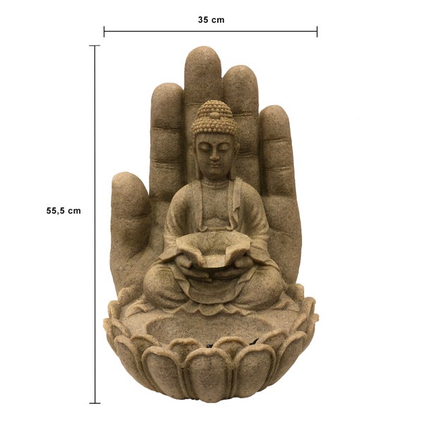 Buddha-Figur in einer Hand sitzend auf einer Lotusblüte, Höhe 55,5 Zentimeter, Breite 35 Zentimeter.
