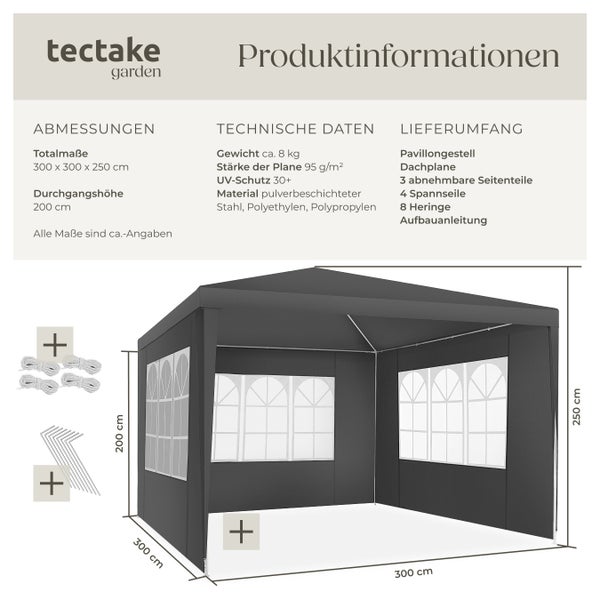 Pavillon tectake Barinas wasserdicht 3 x 3 m, im Stecksystem grau