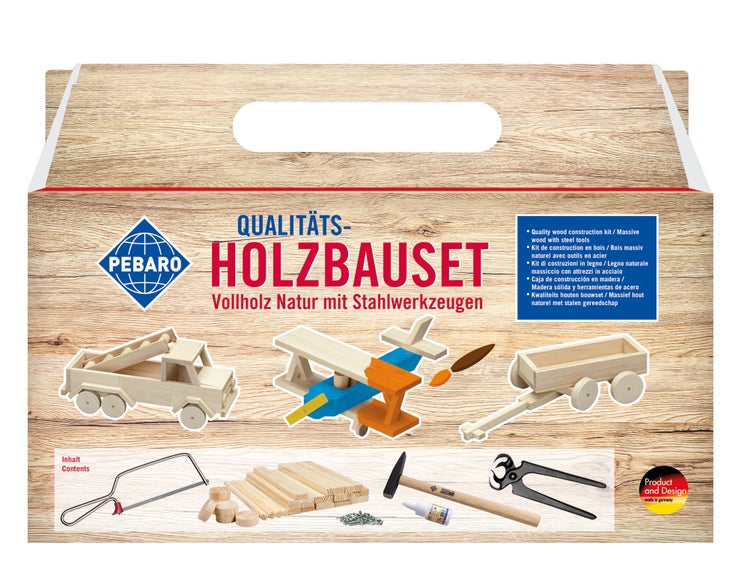 Pebaro Holzbauset aus Vollholz mit Stahlwerkzeugen zum Bauen von Holzspielzeug in Trageverpackung