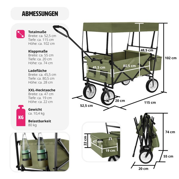 Abmessungen eines Bollerwagens mit Dach und Tragetasche
