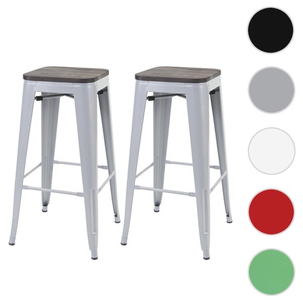 Zwei Barhocker aus Metall mit Sitzfläche aus Holz