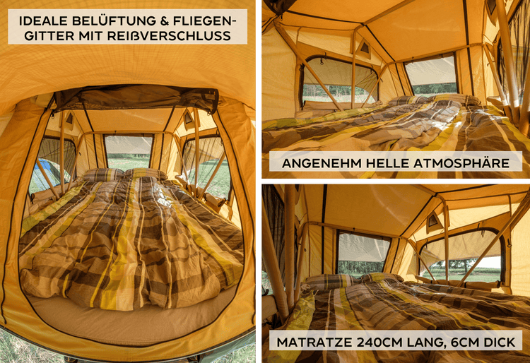 AdventureMate140 Dachzelt mit Vorzelt, 140x240 Matratze inkl. 3D Mesh