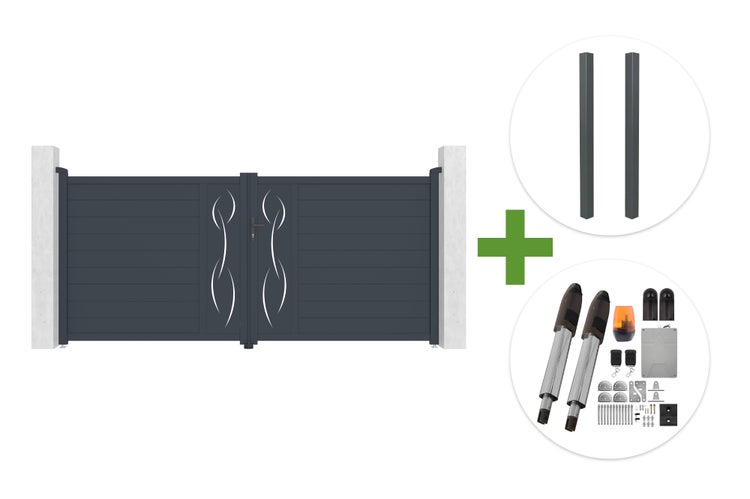 Zweiflügeliges Einfahrtstor aus Aluminium in Anthrazit mit dekorativem Muster, inklusive zwei Pfosten und elektrischem Torantrieb-Set.