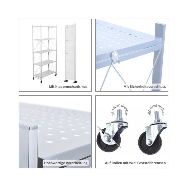 Weißes Klappregal aus Metall mit fünf Ablagen und Rollen