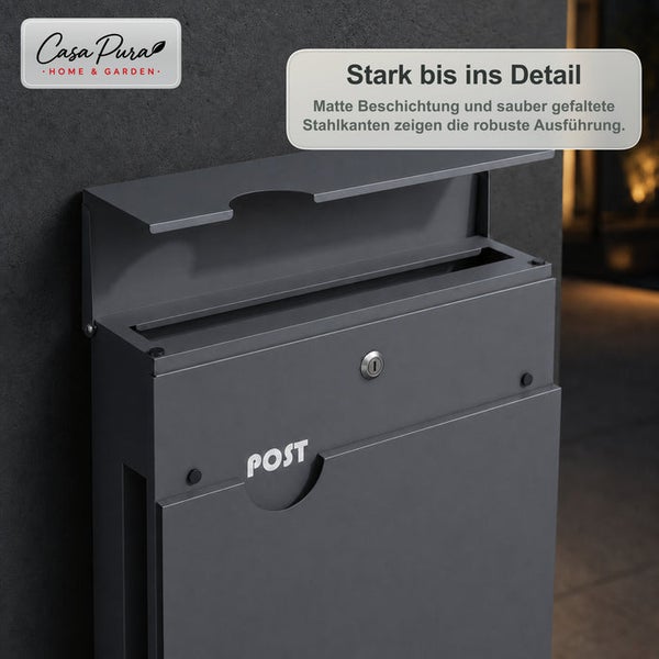 Wandbriefkasten aus robustem Stahl mit Post Schriftzug und Schloss von Casa Pura Logo.