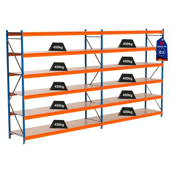 Belastbares Schwerlastregal mit acht Ablageflächen und Made in EU Siegel