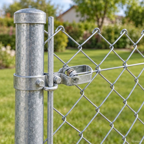 Verzinkter Maschendrahtzaun mit Pfosten und Zaunspanner im Garten