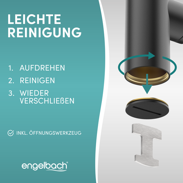 Engelbach® Design Siphon für Waschbecken & Waschtisch - Mit Reinigungsöffnung - 1 1/4 - inkl. Gummimanschette und Anleitung -Schwarz