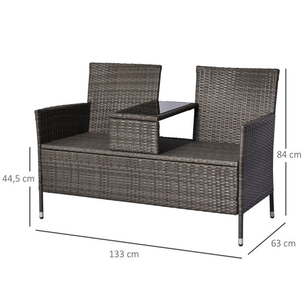 Outsunny Polyrattan Gartenbank, Sitzbank, mit Tisch, 2-Sitzer, B133 x T63 x H84cm, Stahl, Grau