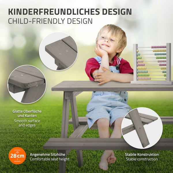 ML-Design Kindersitzgarnitur für Draußen, Grau, Sitzgruppe Outdoor 2 Bänke mit Tisch, Garten Kindersitzgruppe mit 4 Plätzen, Sitzgarnitur für Kinder Massivholz, Picknicktisch Kinder, Spielsitzgruppe