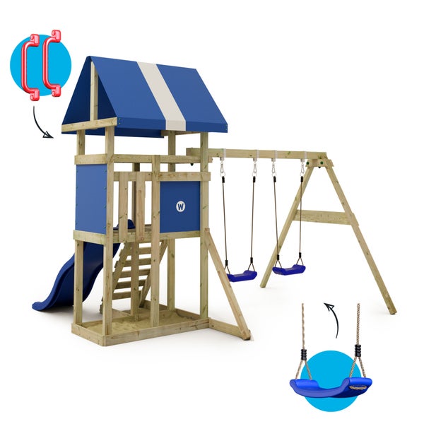 WICKEY Spielturm Klettergerüst DinkyHouse mit Schaukel und Rutsche, Kletterturm mit Sandkasten, Leiter und Spiel-Zubehör - blau