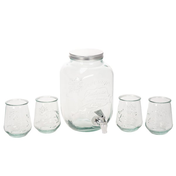 Getränkespender-Set aus 100 Prozent Recyclingglas mit Metalldeckel, Zapfhahn aus Metall und vier passenden Trinkgläsern.