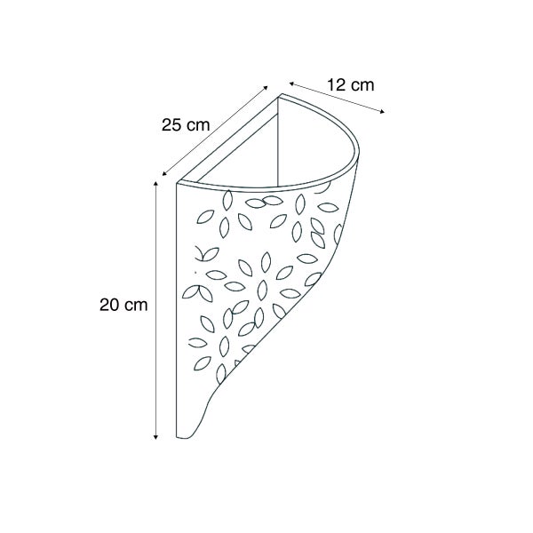 Strichzeichnung einer halbkreisförmigen Wandhalterung mit Blumenmuster und Maßangaben in 25 Zentimeter, 20 Zentimeter und 12 Zentimeter.
