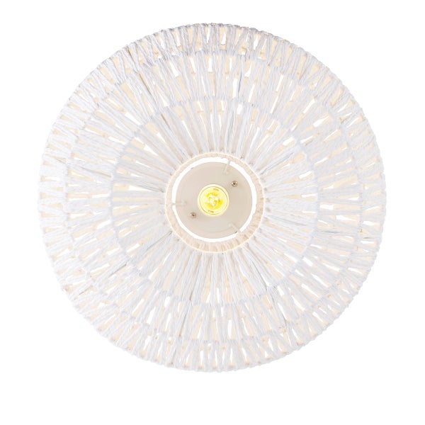 Runde Deckenleuchte mit geflochtenem Seilschirm in Weiß, Ansicht von unten mit Leuchtmittel