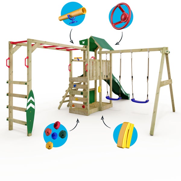 WICKEY Spielturm Klettergerüst Smart Baboon mit Schaukel und Rutsche, Kletterturm mit Sandkasten, Hangelleiter und Spiel-Zubehör - grün