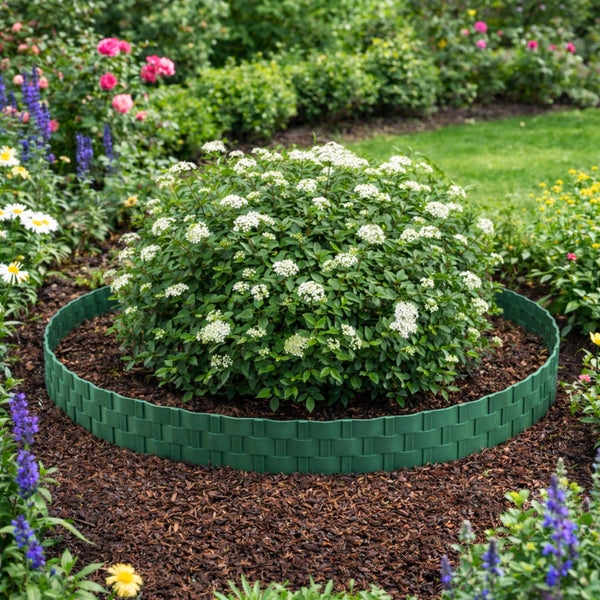 Gartenszene mit einer grünen Rasenkante, die einen blühenden Busch umgibt