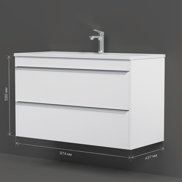 Weißer Waschtisch mit zwei Schubladen, Armatur und Maßangaben