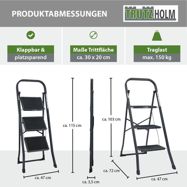 Trutzholm Haushaltsleiter mit drei Stufen, klappbar, Traglast maximal 150 Kilogramm, Abmessungen in Zentimetern angegeben.
