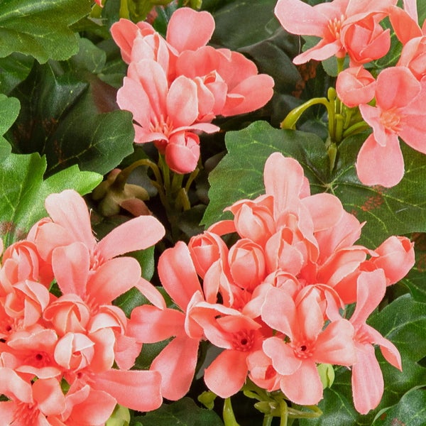 Künstliche Geranie mit grünen Blättern und rosa Blüten.