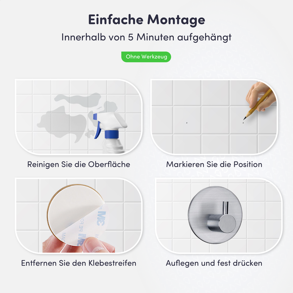 Anleitung zur Montage eines selbstklebenden Wandhakens in vier Schritten: Reinigen, Markieren, Klebestreifen abziehen und am Untergrund festdrücken.