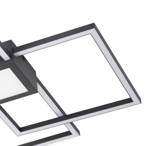 Moderne LED-Deckenleuchte mit schwarzen quadratischen Metallrahmen und integrierten Lichtbändern.