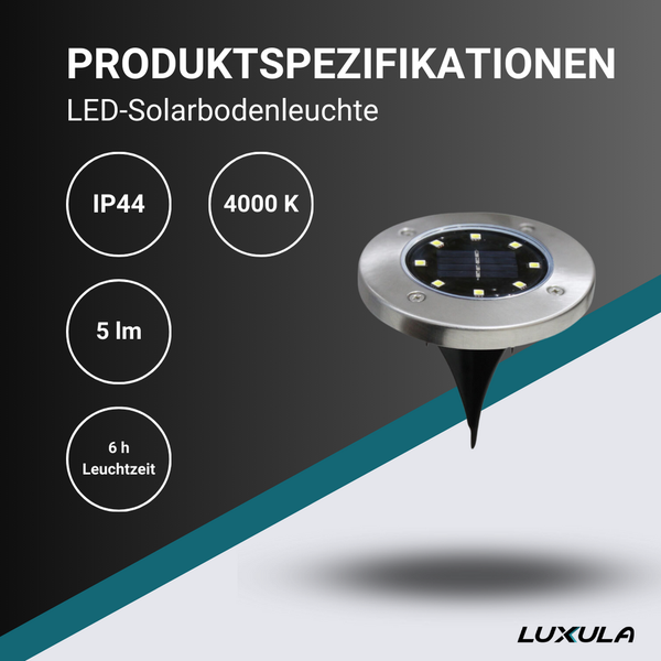 LED Solar Bodenleuchte Produktspezifikationen: IP44, 4000 K, 5 Lumen und 6 Stunden Leuchtdauer