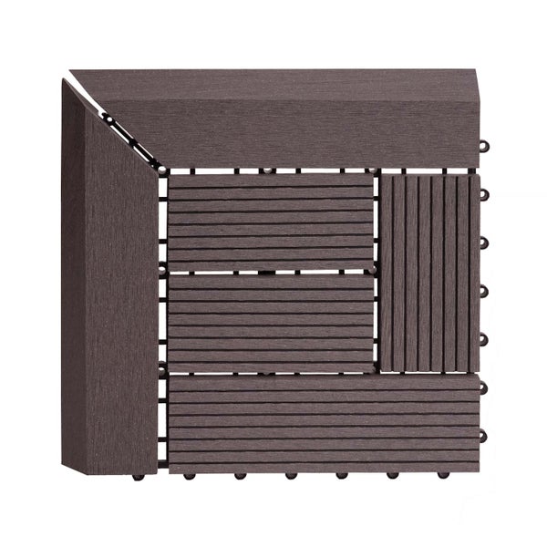 Quadratische dunkelbraune Terrassenfliese aus Holz-Kunststoff-Verbundwerkstoff mit Klicksystem, Lamellenoberfläche und passendem Randabschluss.