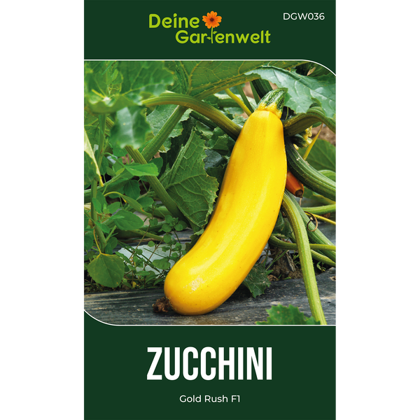 Samentüte Zucchini Gold Rush F1 mit gelber Zucchini an der Pflanze im Garten. Deine Gartenwelt Logo.